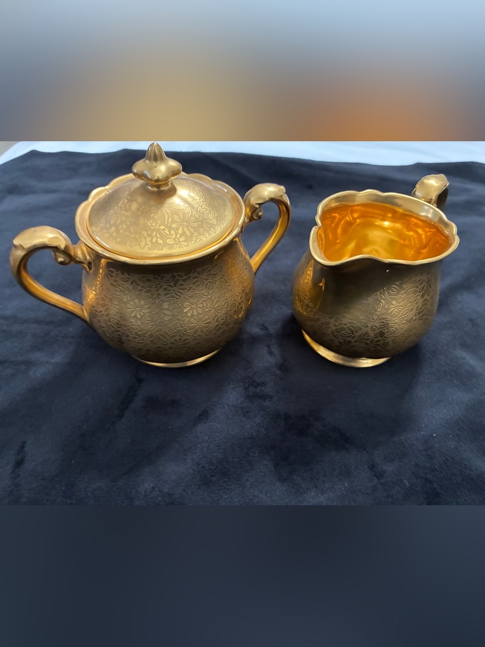 Vintage Pickard Gold Floral Sugar Bowl & Creamer Set - Decorated USA Japan #500